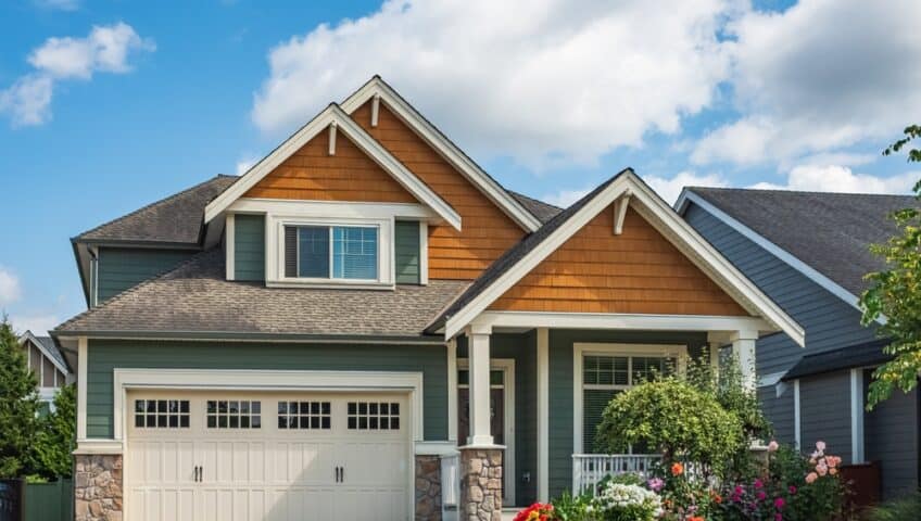 new garage door on a blue and tan house